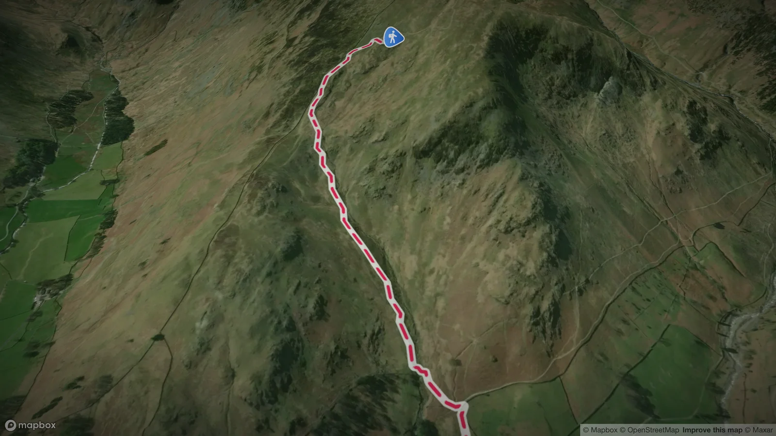 Flying the route in 3D: the path climbs the fellside towards the ridge